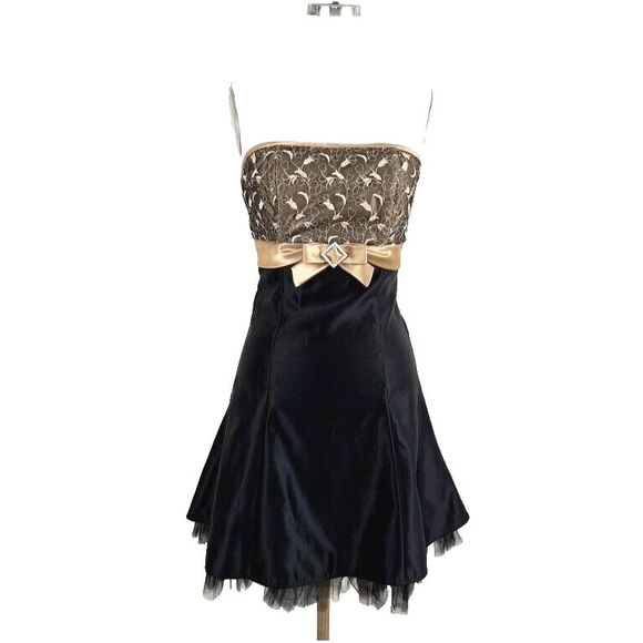 JESSICA McCLINTOCK Gunne Sax VTG Gold Black Strapless Dress 3 Whimsigoth Party - Picture 1 of 13